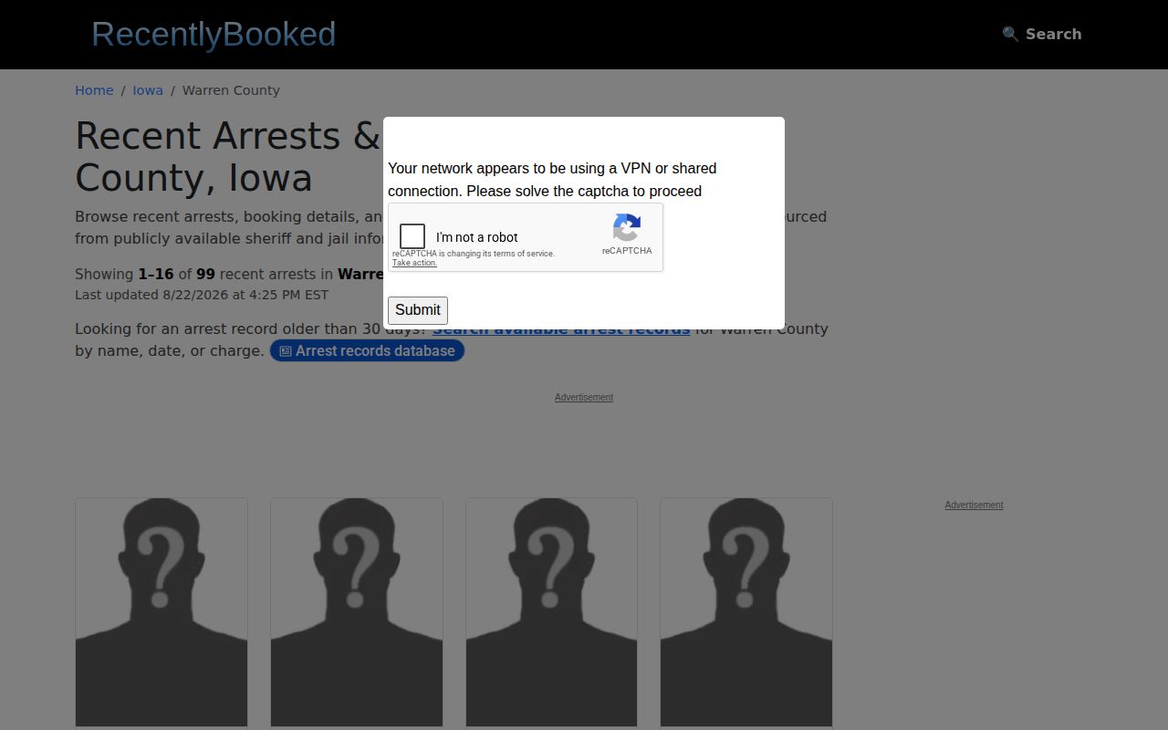 Unofficial Warren County recent booking landing page for verification